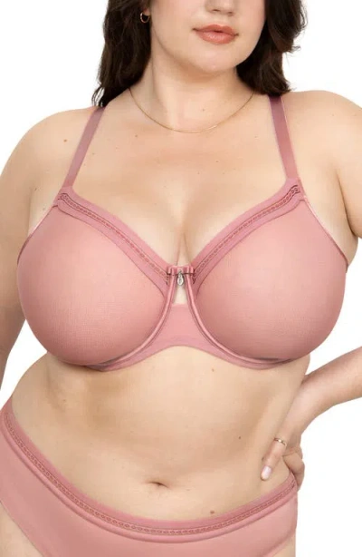 Curvy Couture Sheer Mesh Underwire Unlined Bra In Pink