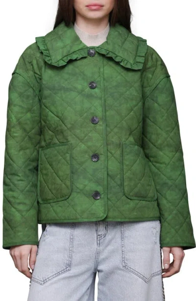 Avec Les Filles Ruffle Collar Quilted Jacket In Green