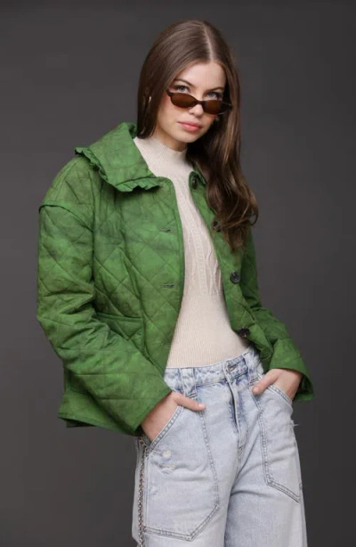 Avec Les Filles Ruffle Collar Quilted Jacket In Green