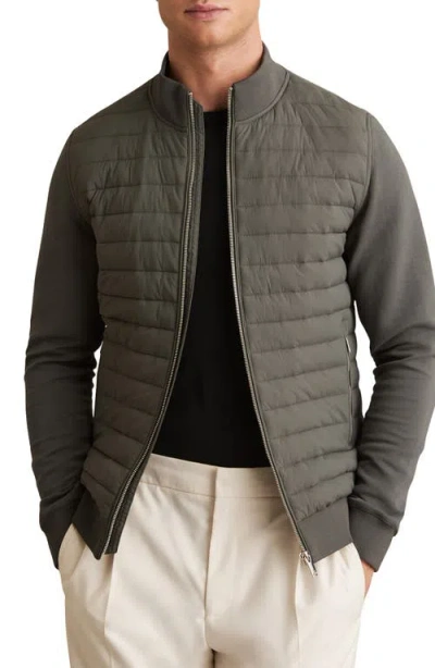 Reiss Sage Hybrid Quilt And Interlock Jersey Zip-through Jacket In Green