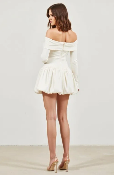 Modenaire Off-shoulder Long-sleeve Mini Dress With Bubble Hem