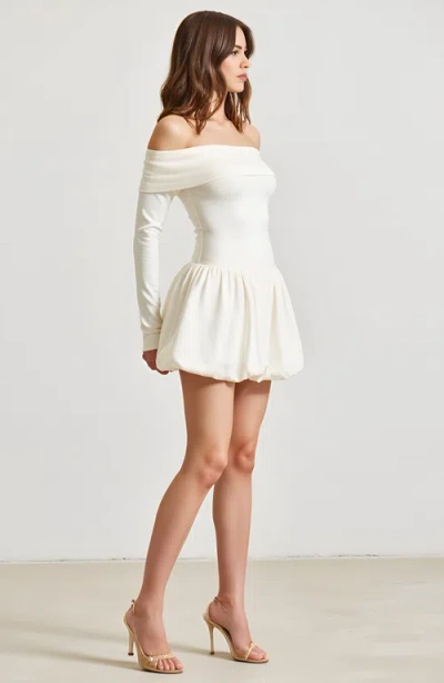 Modenaire Off-shoulder Long-sleeve Mini Dress With Bubble Hem