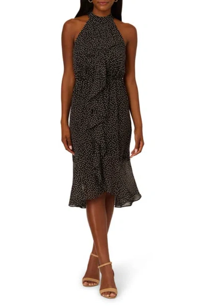 Adrianna Papell Shirred Dot Chiffon Dress In Black