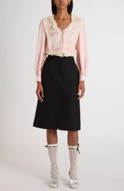 Valentino Garavani Lace Trim Chiffon Ruffle Hammered Satin Shirt In Multi