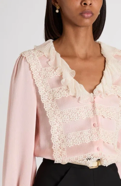Valentino Garavani Lace Trim Chiffon Ruffle Hammered Satin Shirt In Multi
