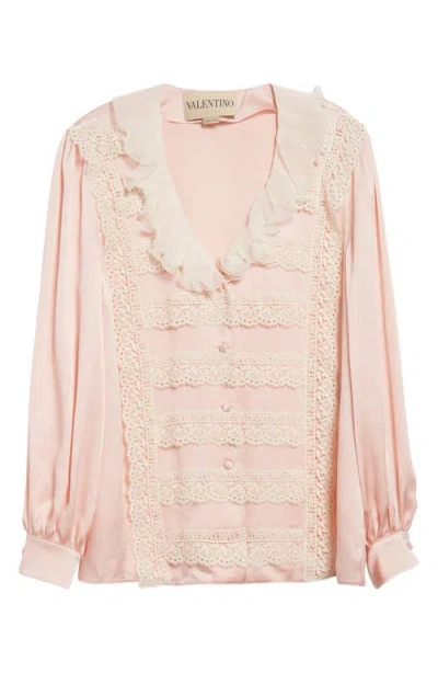 Valentino Garavani Lace Trim Chiffon Ruffle Hammered Satin Shirt In Multi