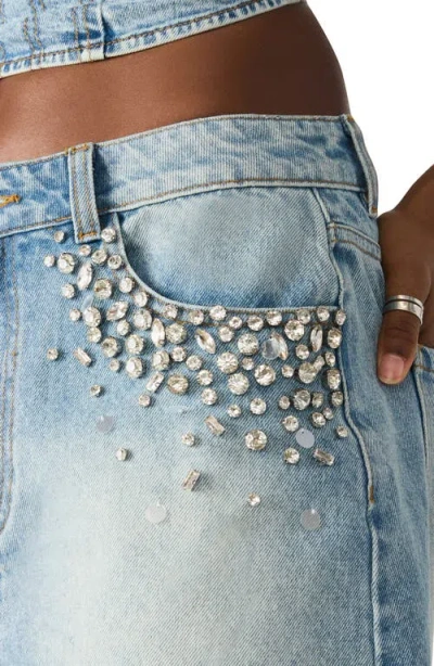 Steve Madden Eras Rhinestone Frayed Denim Mini Skirt In Blue