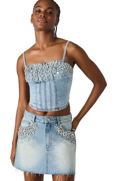 Steve Madden Eras Rhinestone Frayed Denim Mini Skirt In Blue