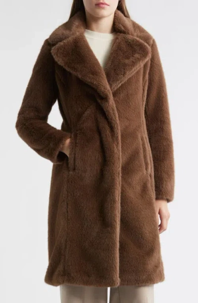 Via Spiga Reefer Faux Fur Longline Coat In Brown