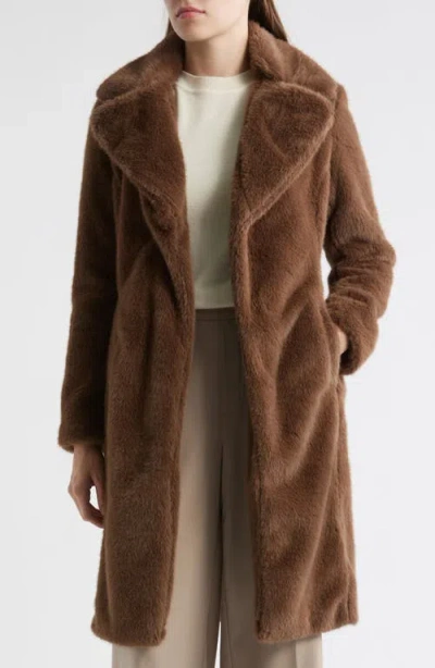 Via Spiga Reefer Faux Fur Longline Coat In Brown