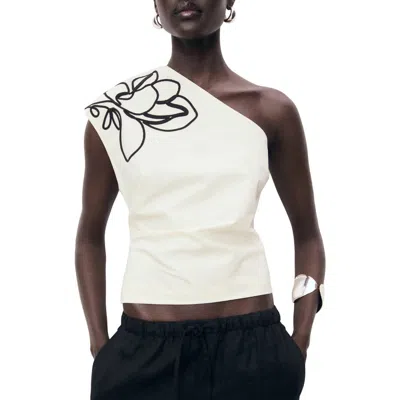 Mango Floral Embroidery One-shoulder Cotton Top In White