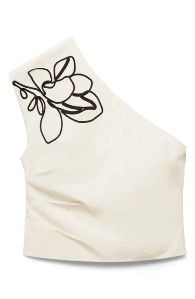 Mango Floral Embroidery One-shoulder Cotton Top In White