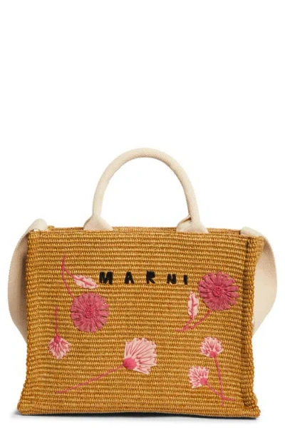 Marni Small Floral Embroidered Logo Raffia Tote