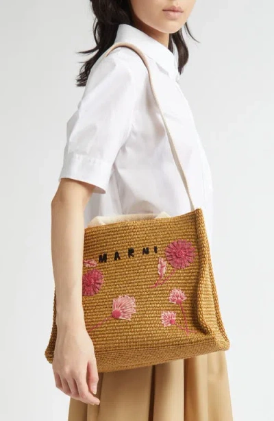 Marni Small Floral Embroidered Logo Raffia Tote