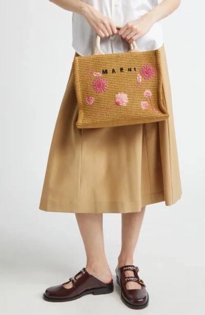Marni Small Floral Embroidered Logo Raffia Tote