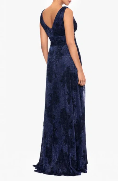 Betsy & Adam Flock Floral Metallic Crinkle Gown