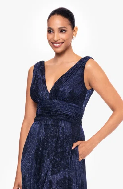 Betsy & Adam Flock Floral Metallic Crinkle Gown