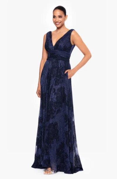 Betsy & Adam Flock Floral Metallic Crinkle Gown