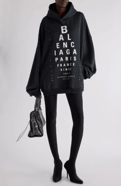 Balenciaga Eye Chart Distressed Oversize Cotton Fleece Logo Graphic Hoodie