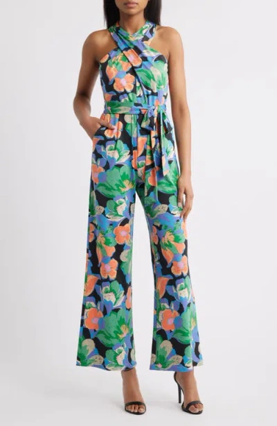 Tahari Asl Print Twist Neck Tie Waist Wide Leg Jumpsuit