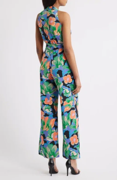 Tahari Asl Print Twist Neck Tie Waist Wide Leg Jumpsuit