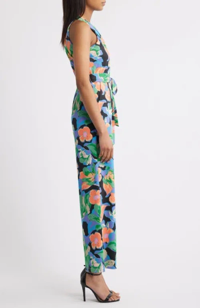 Tahari Asl Print Twist Neck Tie Waist Wide Leg Jumpsuit