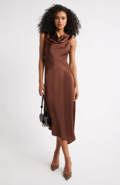 Open Edit Cowl Neck Asymmetric Satin Midi Dress