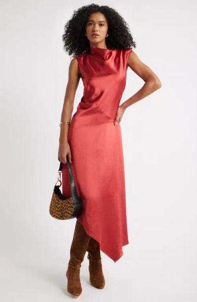 Open Edit Cowl Neck Asymmetric Satin Midi Dress