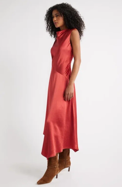 Open Edit Cowl Neck Asymmetric Satin Midi Dress