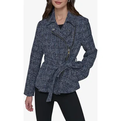 Karl Lagerfeld Belted Tweed Moto Jacket In Blue