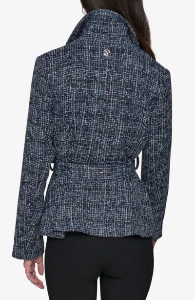 Karl Lagerfeld Belted Tweed Moto Jacket In Blue
