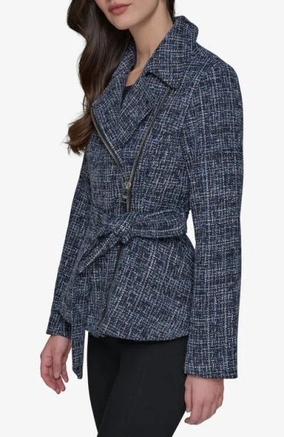 Karl Lagerfeld Belted Tweed Moto Jacket In Blue