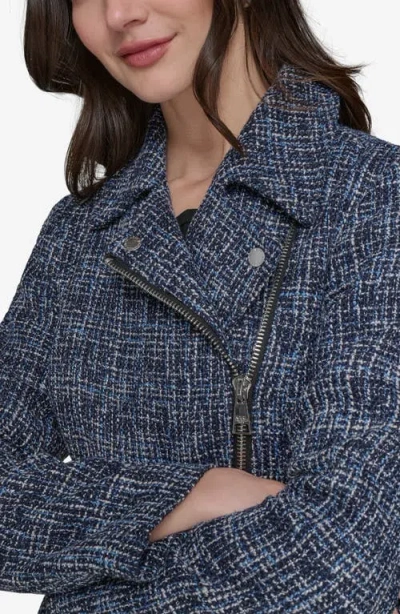 Karl Lagerfeld Belted Tweed Moto Jacket In Blue