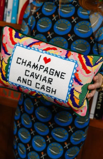 Furbish Caviar And Cash Needlepoint Pillow In Multi
