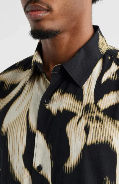 Open Edit Botanical Print Short Sleeve Button-up Shirt In Black