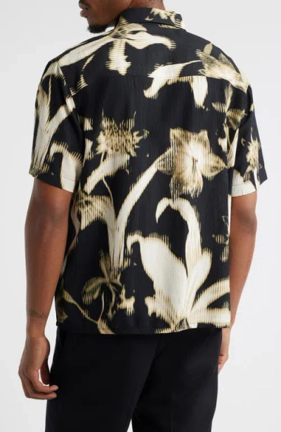 Open Edit Botanical Print Short Sleeve Button-up Shirt In Black