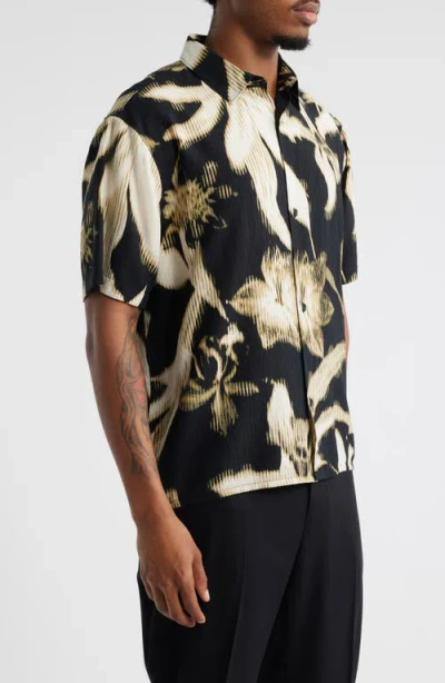 Open Edit Botanical Print Short Sleeve Button-up Shirt In Black