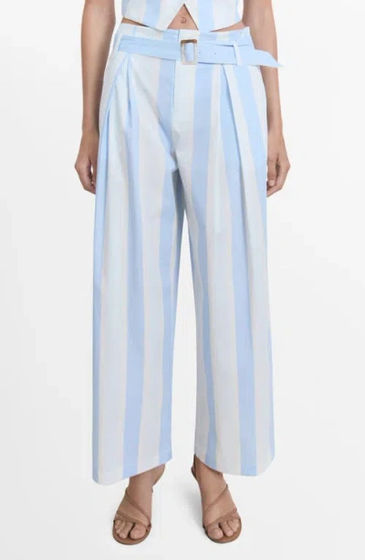 Mango Striped Culotte Trousers With Belt Sky Blue In Blue