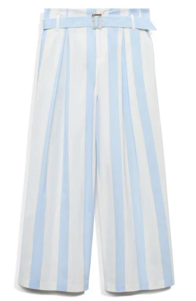 Mango Striped Culotte Trousers With Belt Sky Blue In Blue