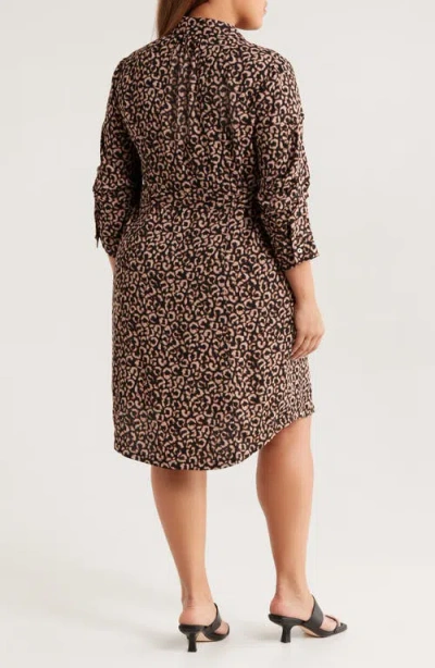Nic + Zoe Nic+zoe Abstract Animal Print Ruched Sleeve Trench Shirtdress In Brown