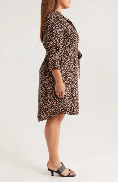 Nic + Zoe Nic+zoe Abstract Animal Print Ruched Sleeve Trench Shirtdress In Brown