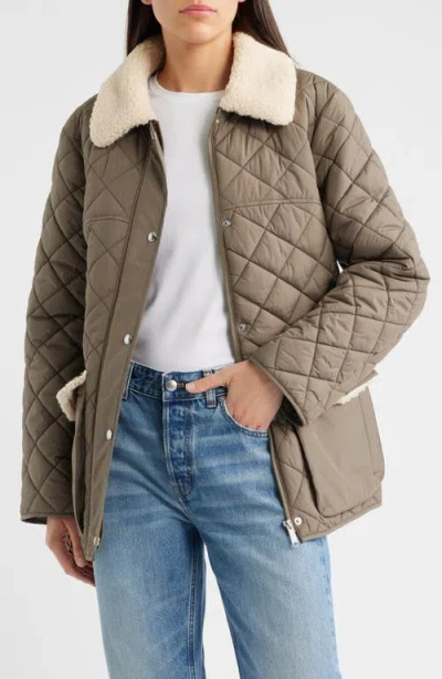 Sam Edelman Quilted Twill Jacket With Faux Shearling Collar In Brown