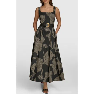 Donna Karan New York Sleeveless Floral Stretch Cotton Midi Dress With Pockets In Black