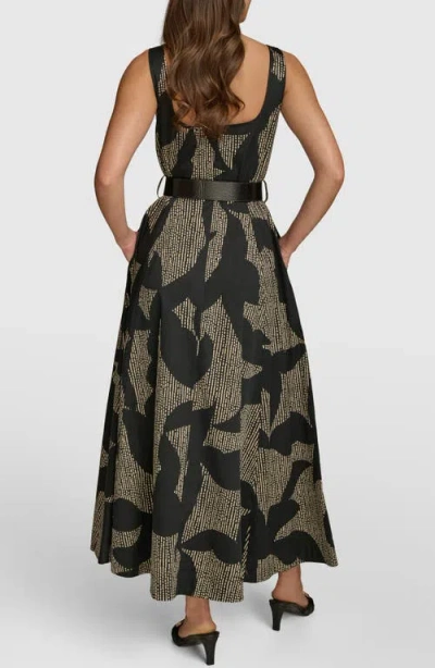Donna Karan New York Sleeveless Floral Stretch Cotton Midi Dress With Pockets In Black