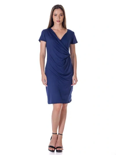 24seven Comfort Apparel Petites Short Sleeve Knee Length Faux Wrap Dress In Blue