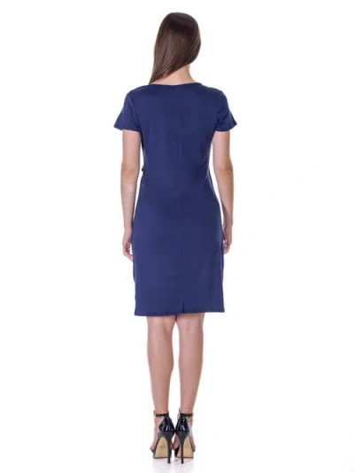 24seven Comfort Apparel Petites Short Sleeve Knee Length Faux Wrap Dress In Blue