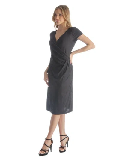 24seven Comfort Apparel Petites Short Sleeve Knee Length Faux Wrap Dress In Gray