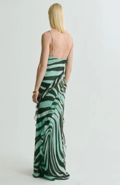 Mango Zebra Print Ruffle Dress In Green