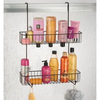 Mdesign Wide Metal Over Door Hanging Shower Caddy, 2 Hooks And Baskets