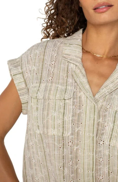 Liverpool Los Angeles Stripe Eyelet Cotton & Linen Camp Shirt